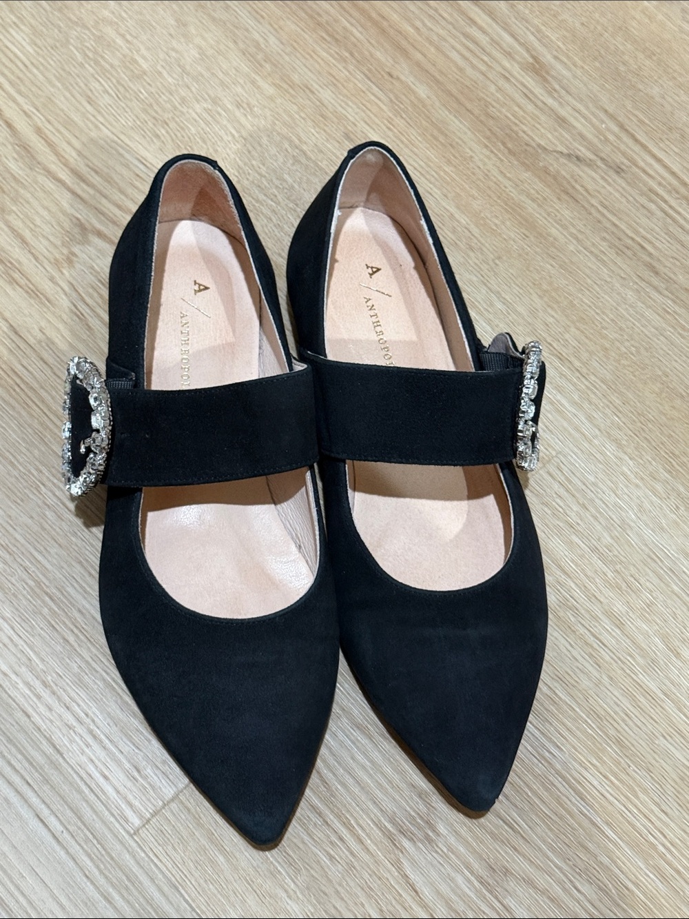 Anthropologie Black Suede Pointed Mary Jane Flats with Rhinestone Buckles